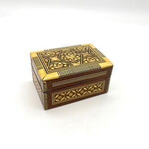 Vintage Wood Marquetry Jewelry Box Trinket Box Inlay Geometric Star Small
